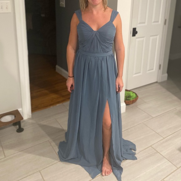 azazie twilight blue dress Evie A4 Colors:Chambray Blue royaltyrobes chiffon layered dress Tiered line bridesmaid dress